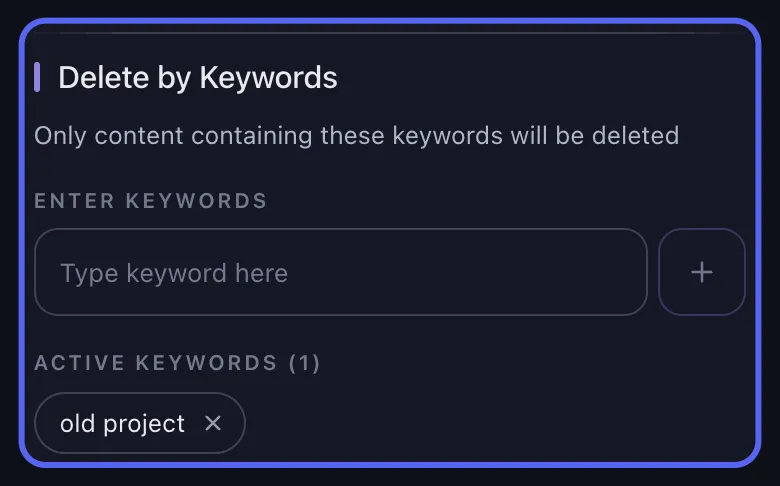 Unpost Discord delete options with the keyword filter card highlighted above the date range