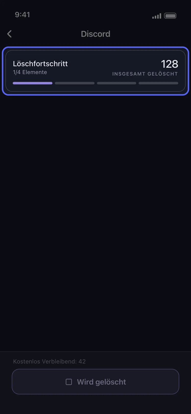 Unpost-Fortschrittskarte für einen Discord-Lauf mit der Gesamtzahl gelöschter Nachrichten und einem Punkt pro Unterhaltung