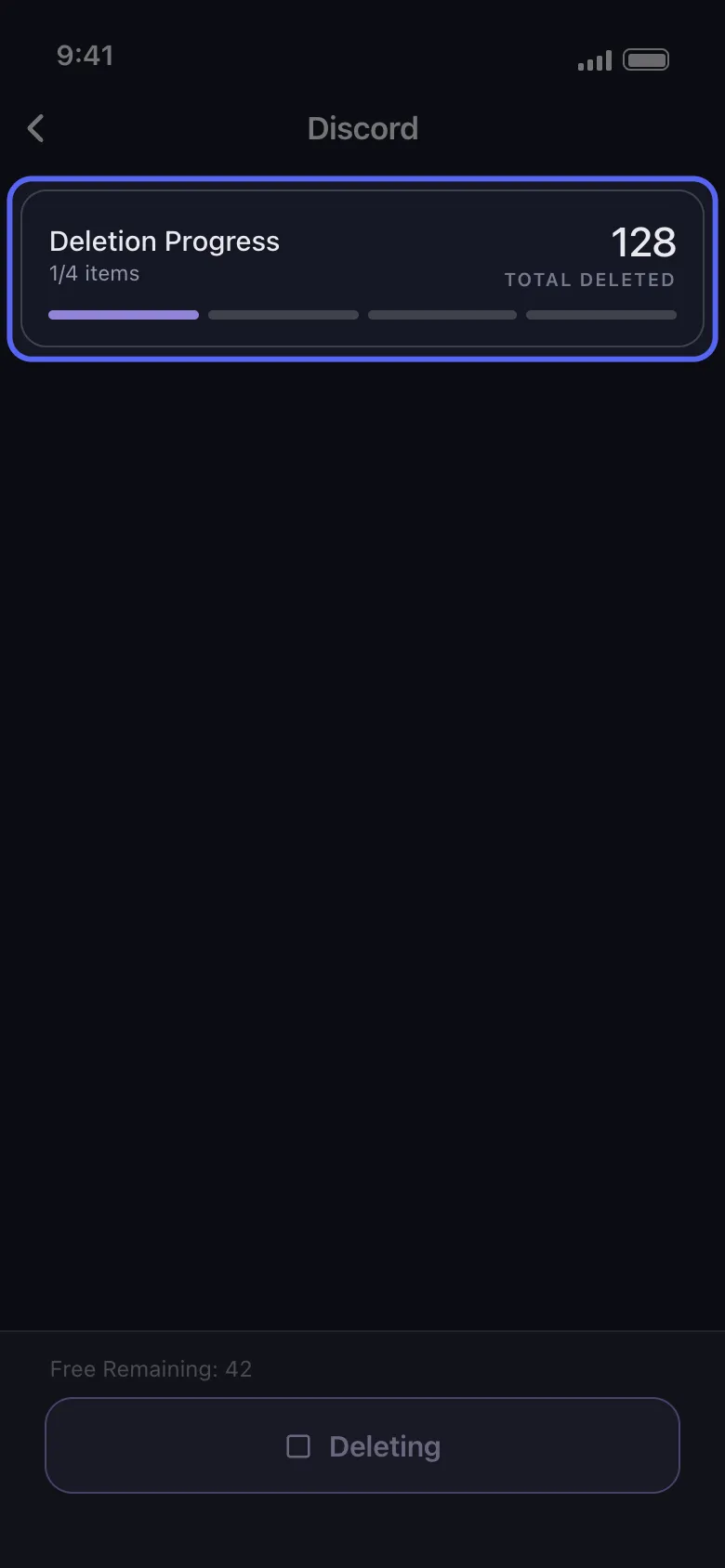 Unpost deletion progress card for a Discord run showing the total deleted and one pip per conversation