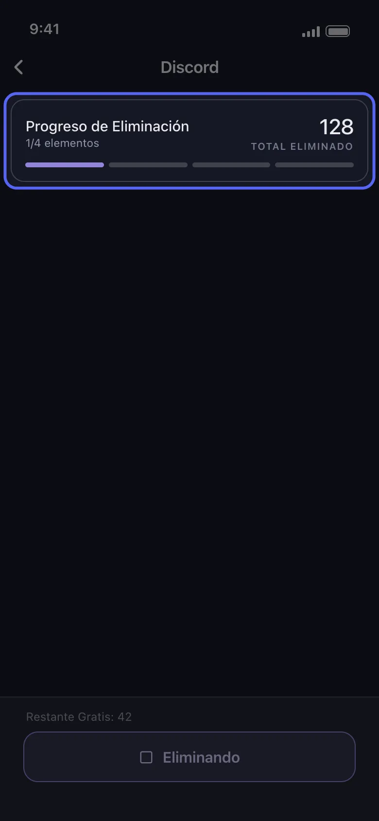 Tarjeta de progreso de Unpost para una ejecución de Discord con el total eliminado y un punto por conversación