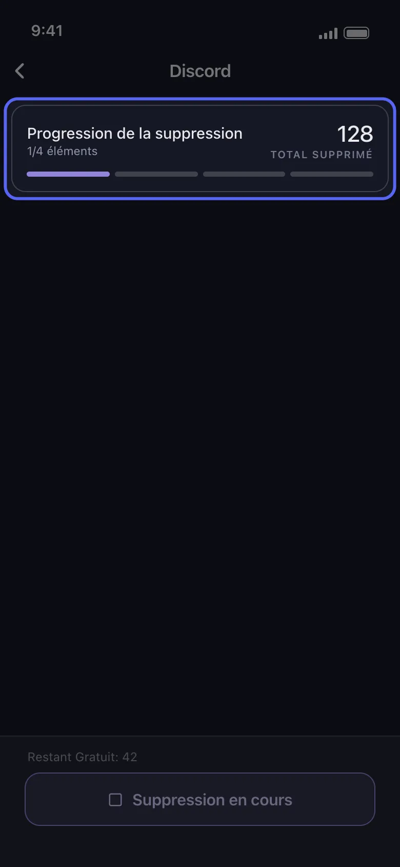 Carte de progression de la suppression Unpost pour une exécution Discord montrant le total supprimé et un point par conversation