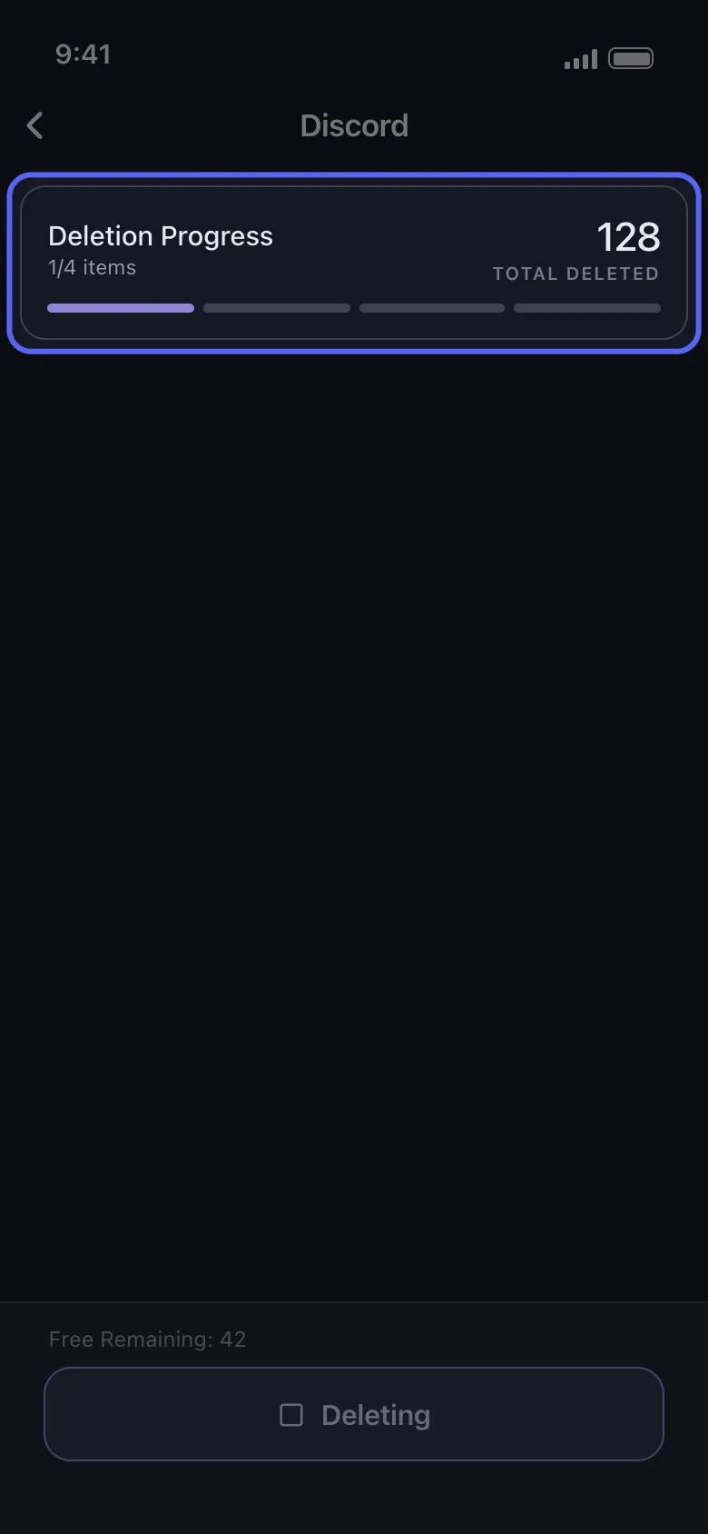 Kartu progres penghapusan Unpost untuk proses Discord menampilkan total terhapus dan satu titik per percakapan
