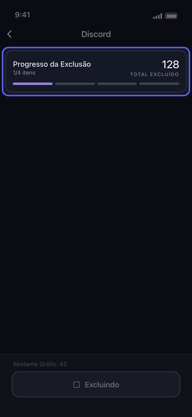 Cartão de progresso da exclusão no Unpost durante uma execução no Discord mostrando o Total Excluído e um indicador por conversa