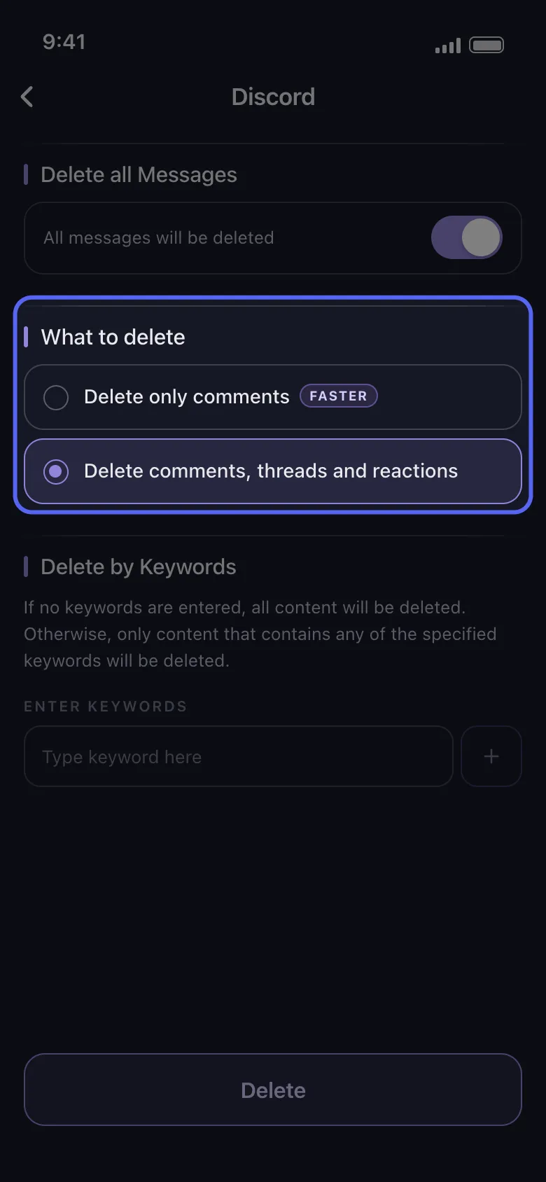 Discord’s options screen with the What to delete choice highlighted: only comments, or comments, threads and reactions.