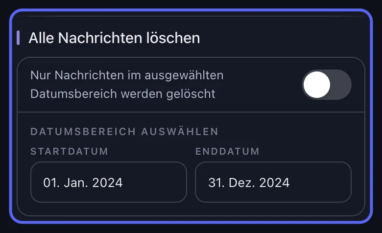 Die Discord-Löschoptionen von Unpost mit hervorgehobenem Abschnitt "Datumsbereich auswählen": der Schalter "Alle löschen" ist deaktiviert, Startdatum und Enddatum sind ausgewählt