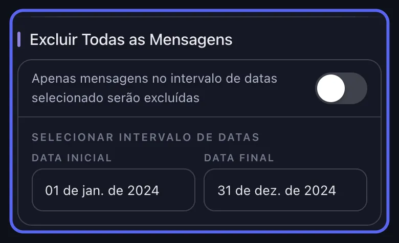 Opções de exclusão do Unpost para o Discord com o intervalo de datas desativado e palavras-chave adicionadas