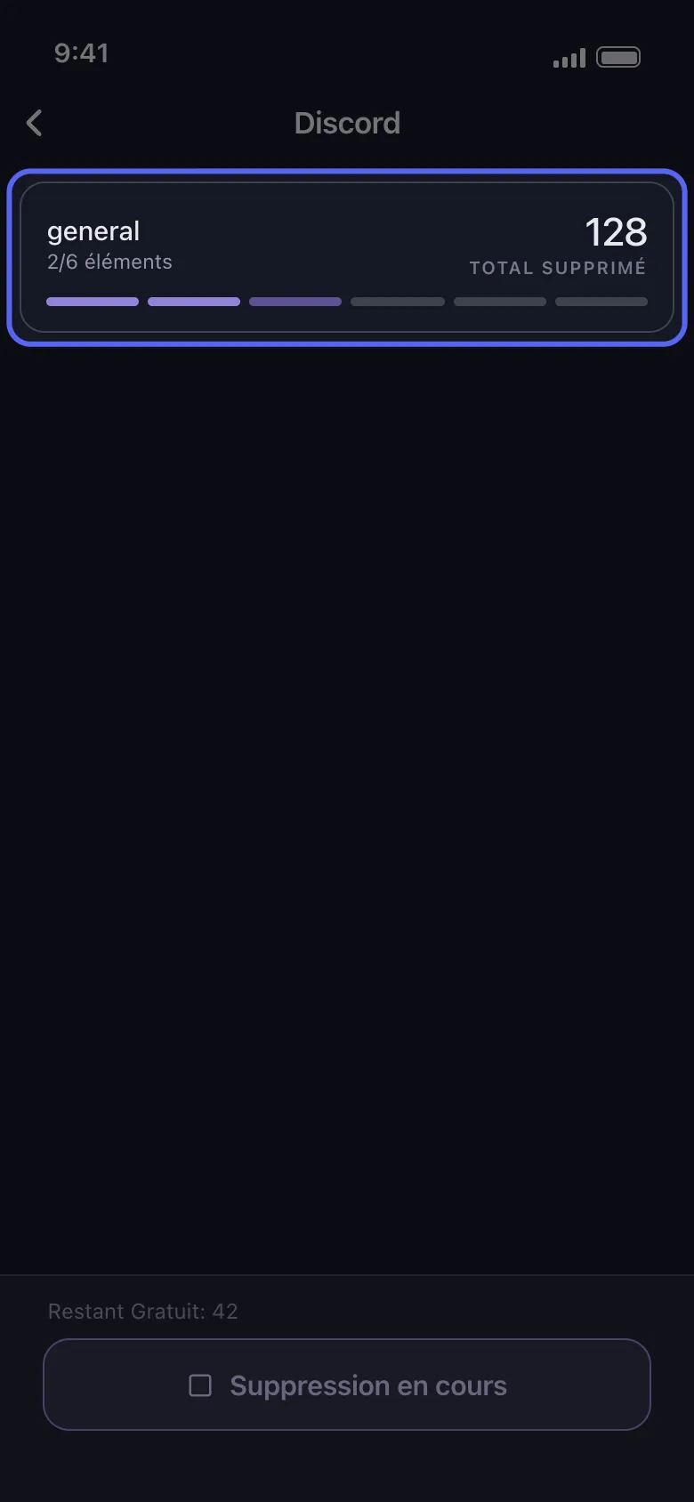 Écran de progression de la suppression Discord dans Unpost avec la carte de suivi mise en évidence : le canal en cours de nettoyage, les éléments terminés et le total, et le compteur en direct des messages supprimés