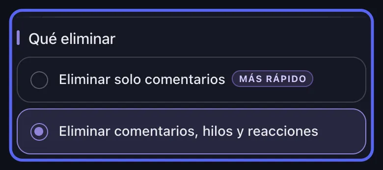 Tarjeta de Unpost «Qué eliminar» en Discord con comentarios, hilos y reacciones seleccionados