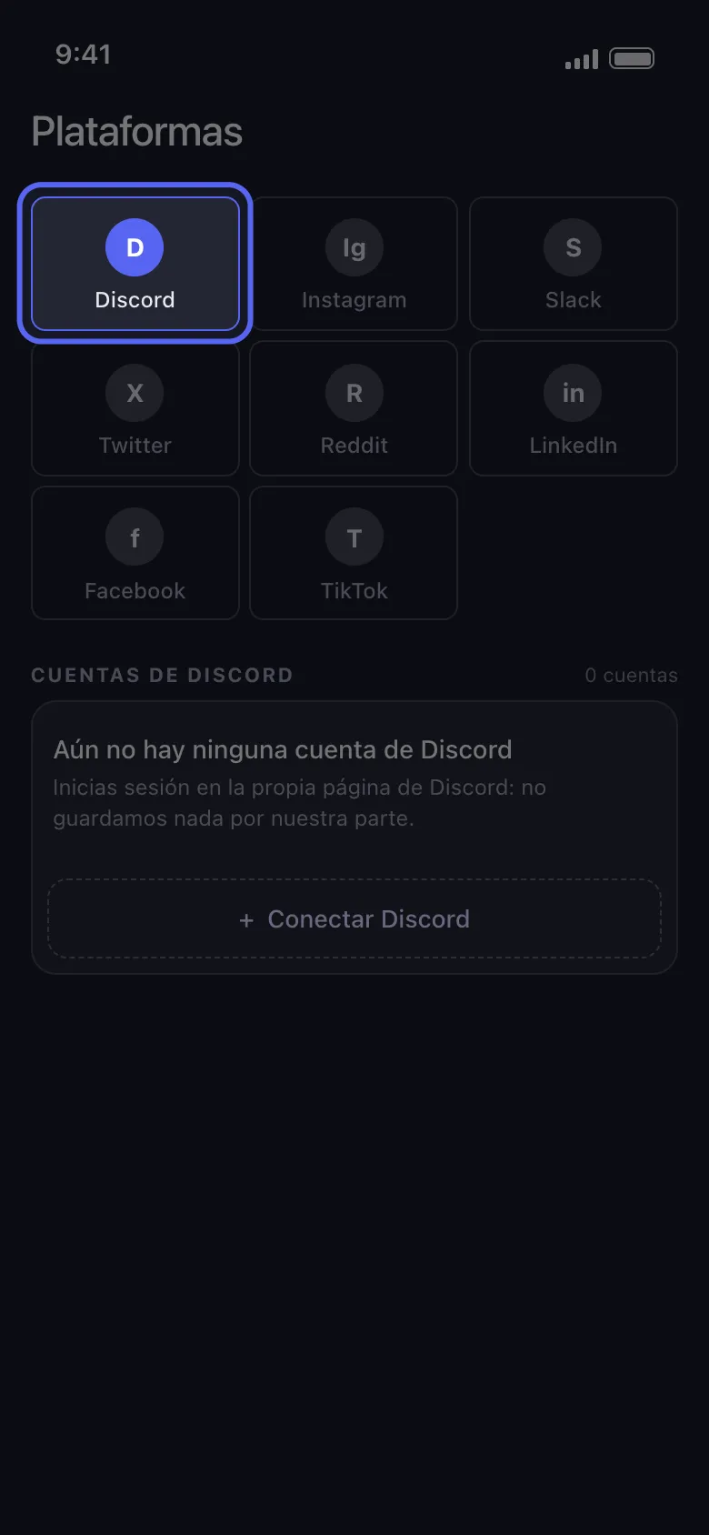 Pantalla de inicio de Plataformas de Unpost con la casilla de Discord señalada y el botón "Conectar Discord" debajo
