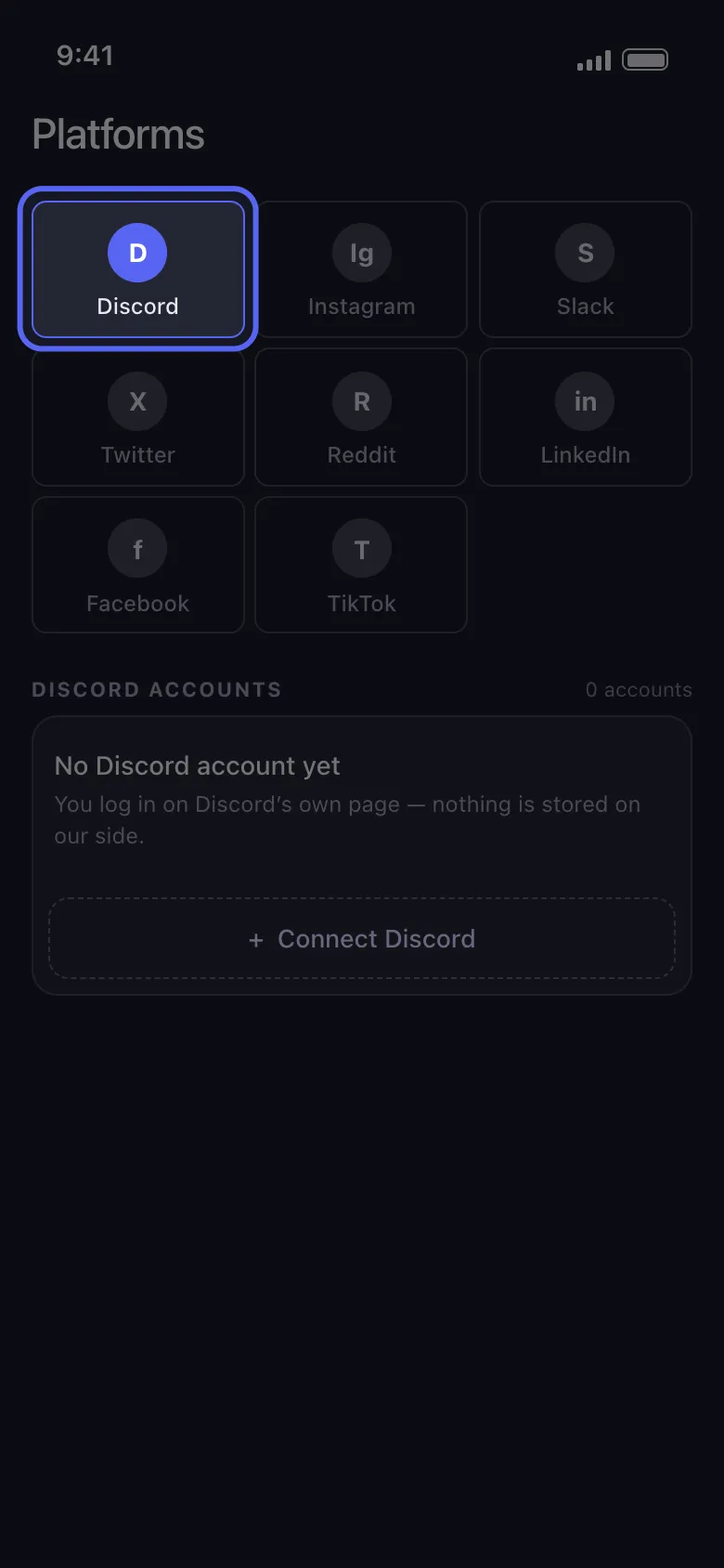 Layar utama Platform di Unpost dengan ubin Discord disorot dan tombol "Connect Discord" (Hubungkan Discord) di bawahnya