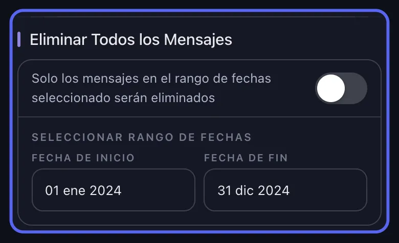 Opciones de borrado de Unpost en Discord con el rango de fechas desactivado y palabras clave añadidas