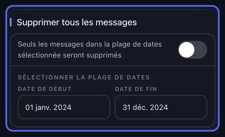 Options de suppression Unpost pour Discord avec la plage de dates désactivée et des mots-clés ajoutés