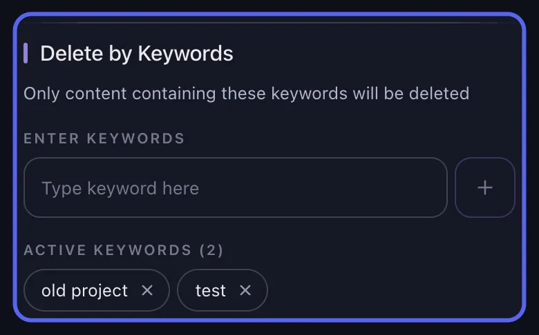 Unpost delete options showing the keyword field with two active keyword chips