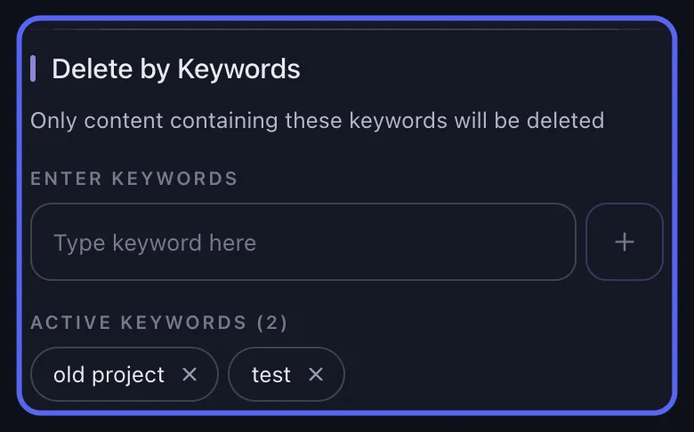 Opsi penghapusan Discord Unpost dengan filter kata kunci disorot: kolom input "Enter Keywords" dan chip kata kunci yang sudah ditambahkan