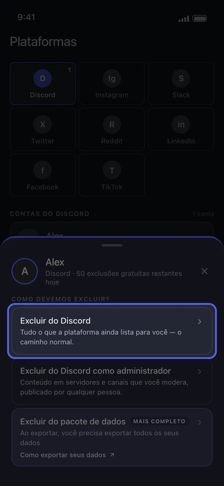 Menu de ações do Unpost com os três modos de limpeza do Discord