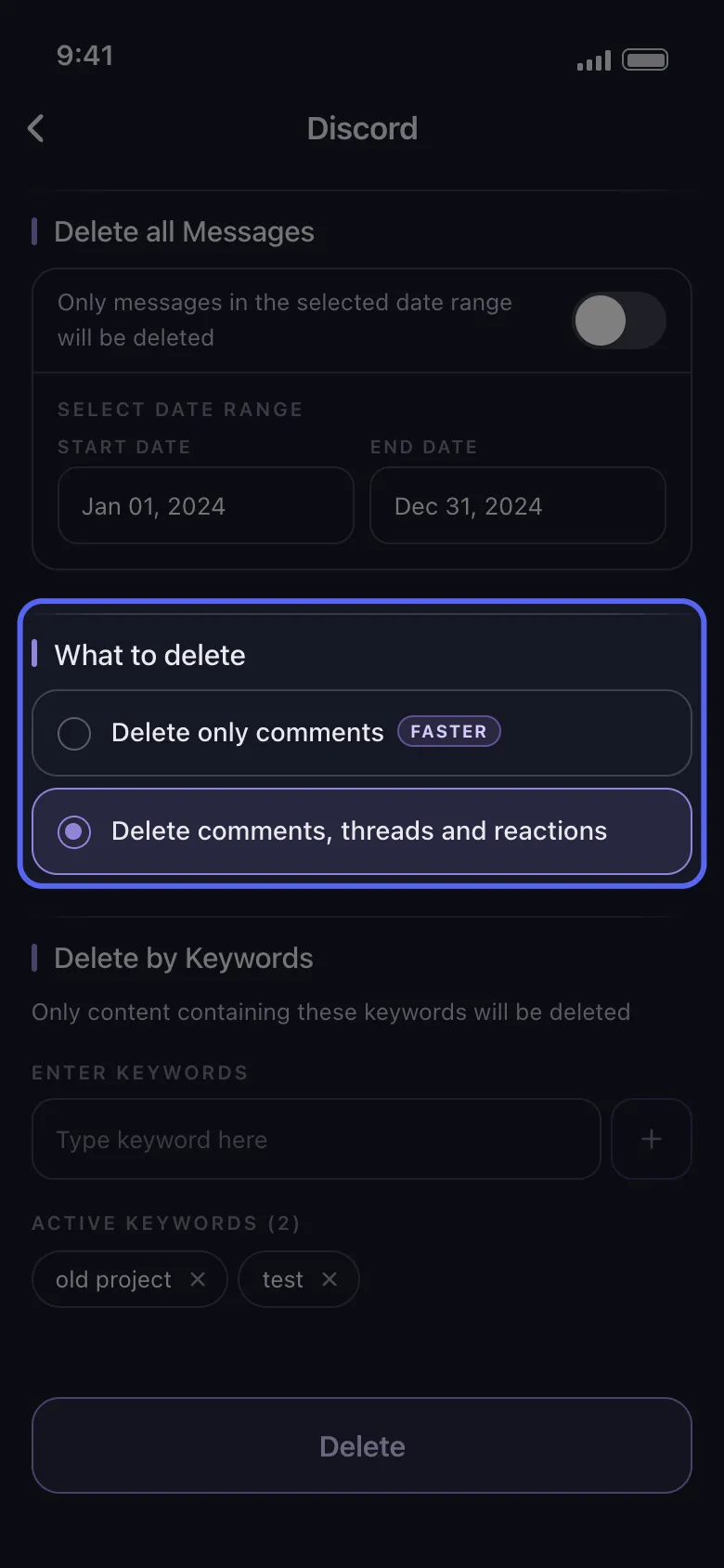 Layar opsi penghapusan Unpost untuk Discord dengan rentang tanggal dan tag kata kunci diatur, serta pilihan "What to delete" antara "Delete only comments" dan "Delete comments, threads and reactions" disorot