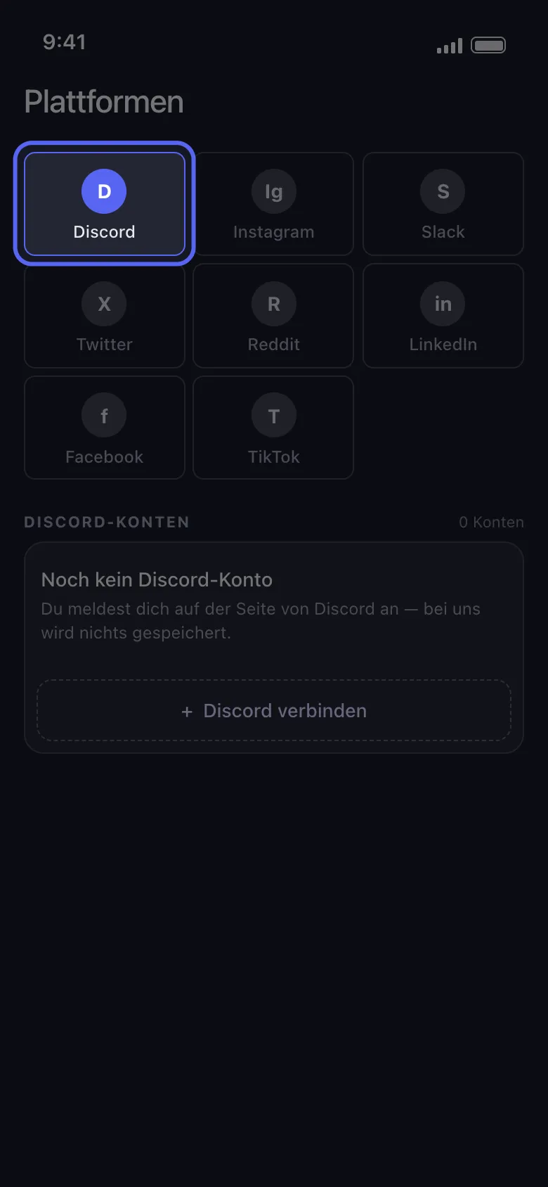 Unpost-Startbildschirm „Plattformen" mit den Plattform-Kacheln und der hervorgehobenen Discord-Kachel über dem Verbindungs-Panel „Discord verbinden"