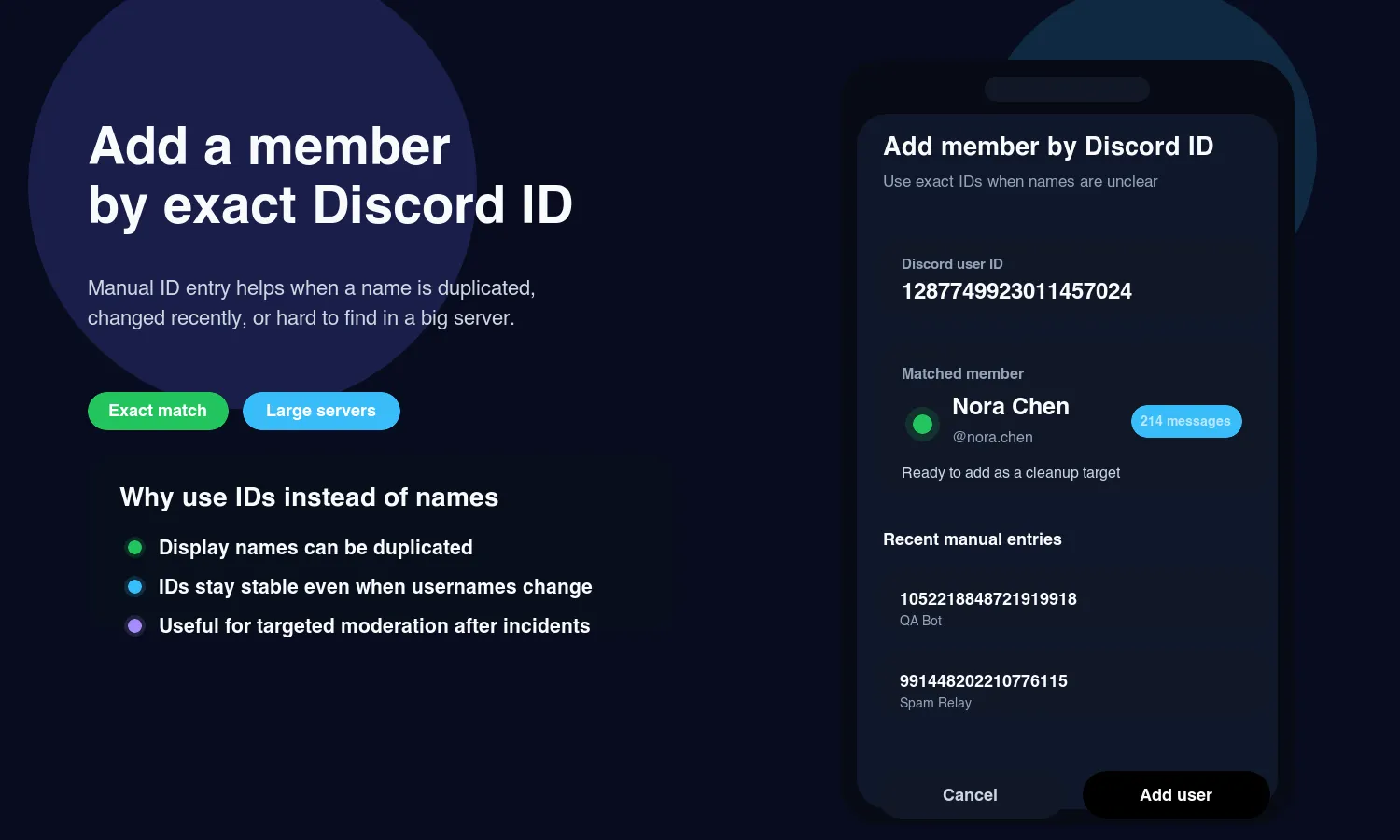 Campo para añadir manualmente por ID en la limpieza admin de Discord en Unpost