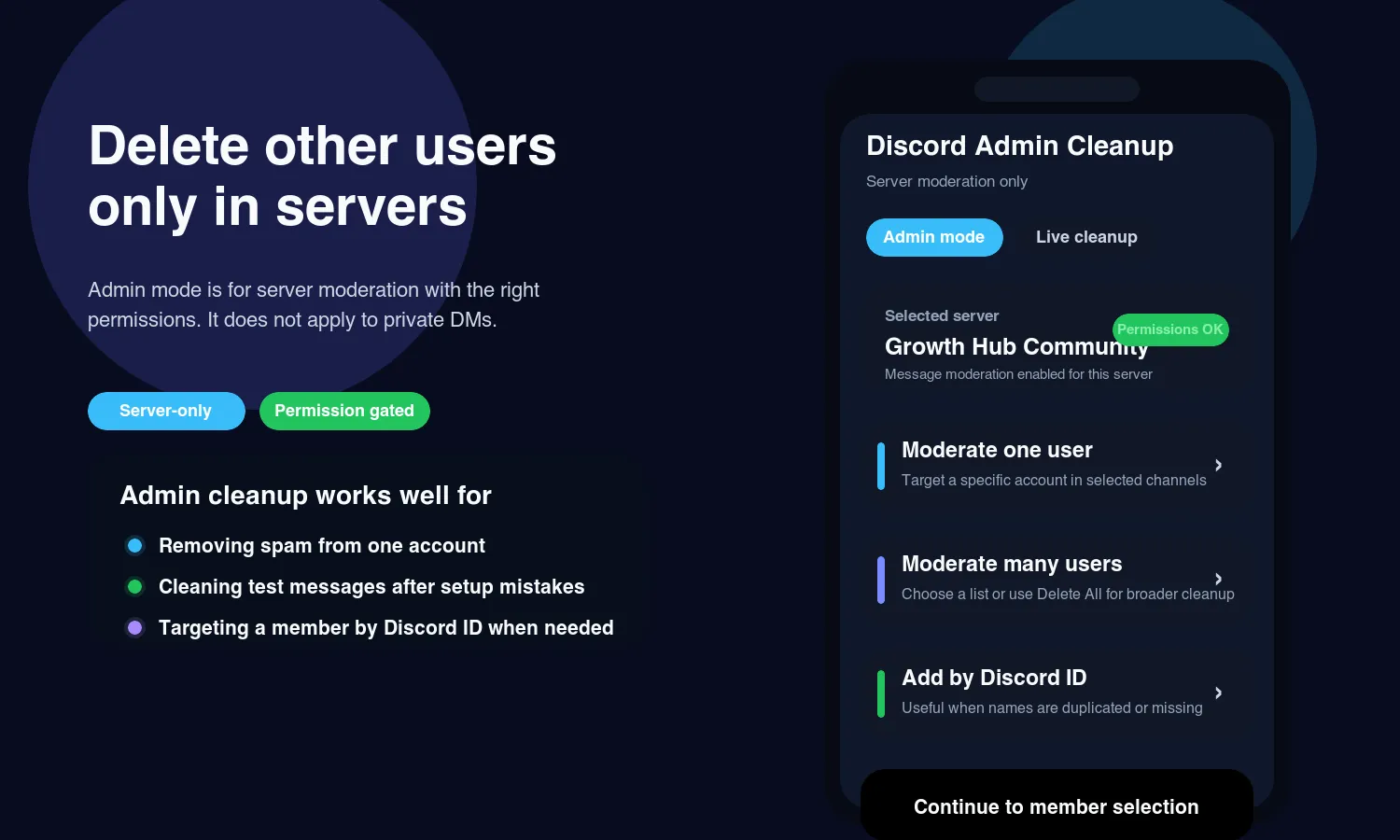 Modo admin de Discord en Unpost mostrando la opción de limpieza para moderación de servidores