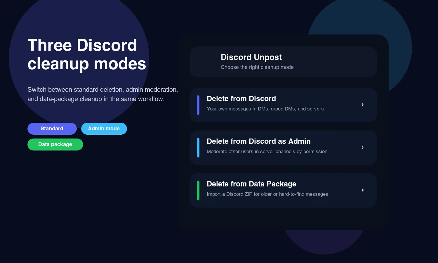 Standart, yönetici ve veri paketi silme modlarını gösteren Unpost Discord işlem menüsü