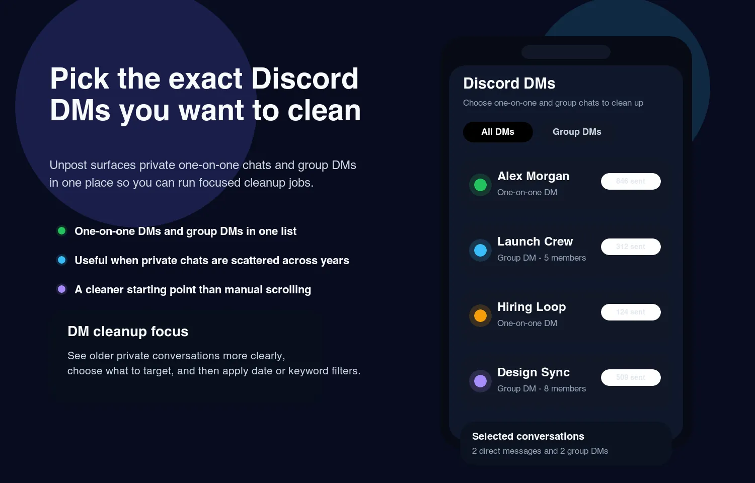 Unpost Discord DMs list showing one-on-one and group DM conversations