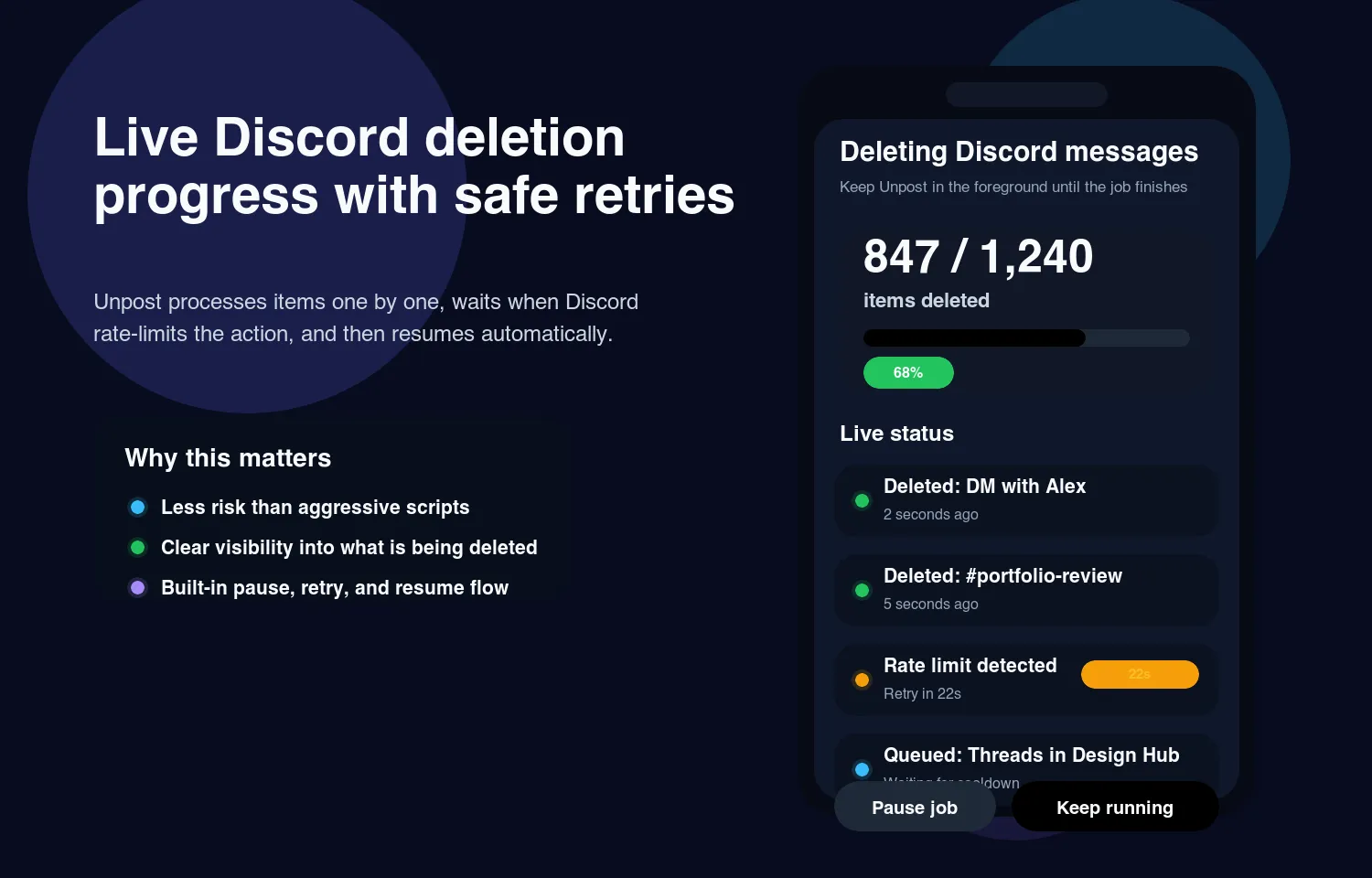 Mobile Discord deletion progress screen in Unpost