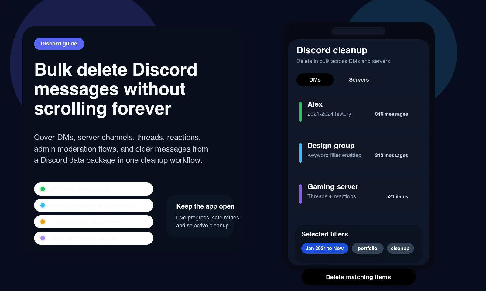 Unpost'ta DM'ler ve Sunucular sekmelerini gösteren Discord temizlik ekranı