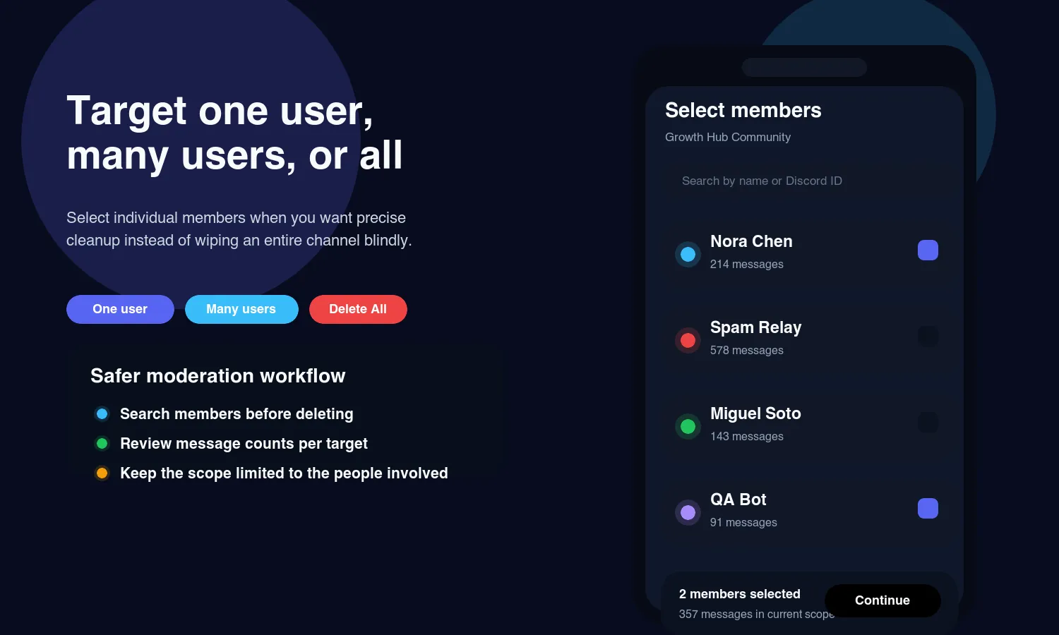 Pantalla de selección de miembros del servidor en Unpost para borrar mensajes por usuario