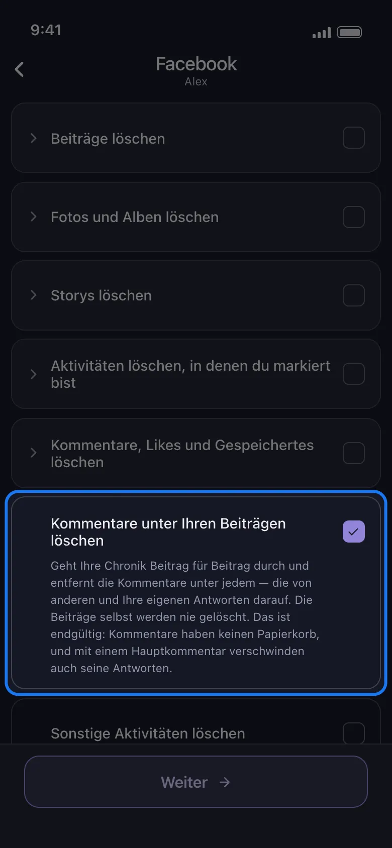 Unposts Liste der zu löschenden Inhalte für Facebook mit allen zugeklappten Gruppen und der hervorgehobenen, angehakten Einzelzeile Kommentare unter Ihren Beiträgen löschen, deren Beschreibung darunter zu sehen ist.