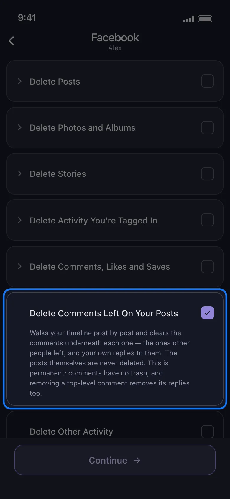 Unpost's what-to-delete list for Facebook with every group collapsed and the highlighted standalone row Delete Comments Left On Your Posts ticked, its description showing underneath.