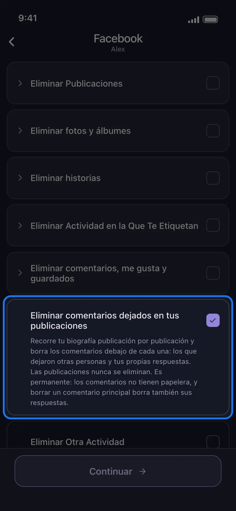 Lista de qué borrar de Facebook en Unpost con todos los grupos plegados y la fila independiente resaltada Eliminar comentarios dejados en tus publicaciones marcada, con su descripción debajo.