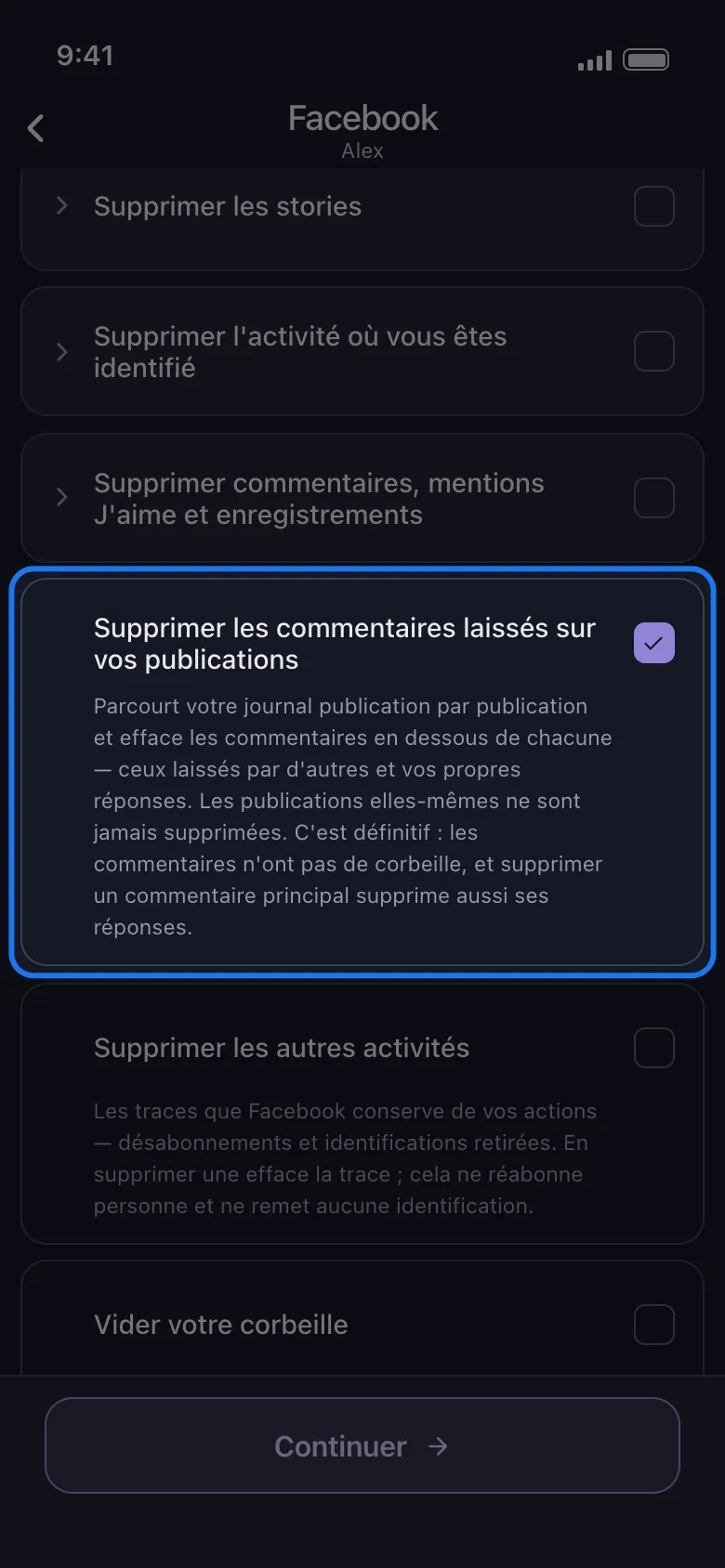 Liste de ce qu'il faut supprimer pour Facebook dans Unpost, tous les groupes repliés et la ligne isolée mise en évidence Supprimer les commentaires laissés sur vos publications cochée, sa description affichée en dessous.