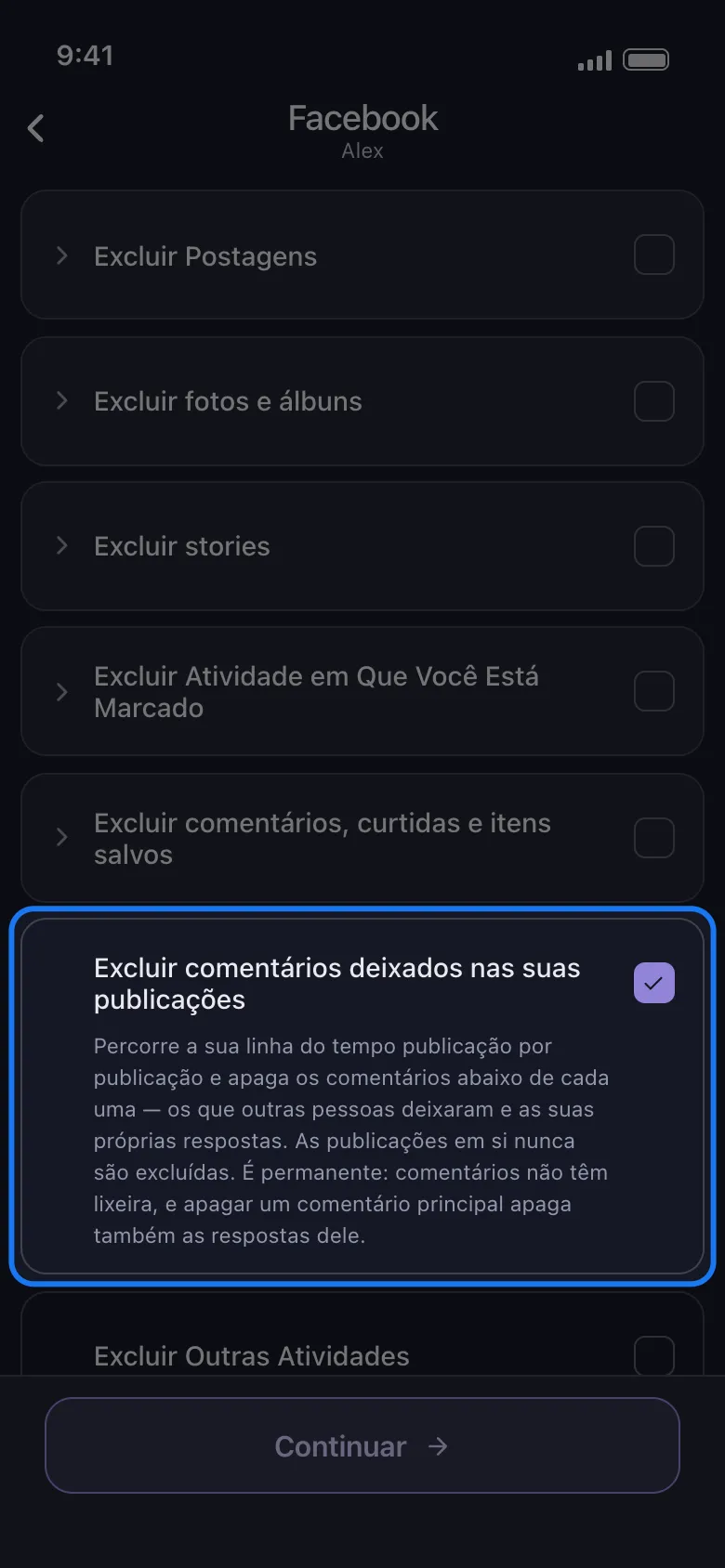 Lista o que excluir do Facebook no Unpost com todos os grupos fechados e a linha destacada Excluir comentários deixados nas suas publicações marcada, com a descrição aparecendo embaixo.
