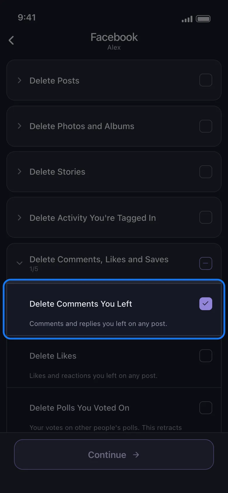 Unpost's what-to-delete list for Facebook with the Delete Comments, Likes and Saves group opened and the highlighted Delete Comments You Left row ticked above the Continue button.