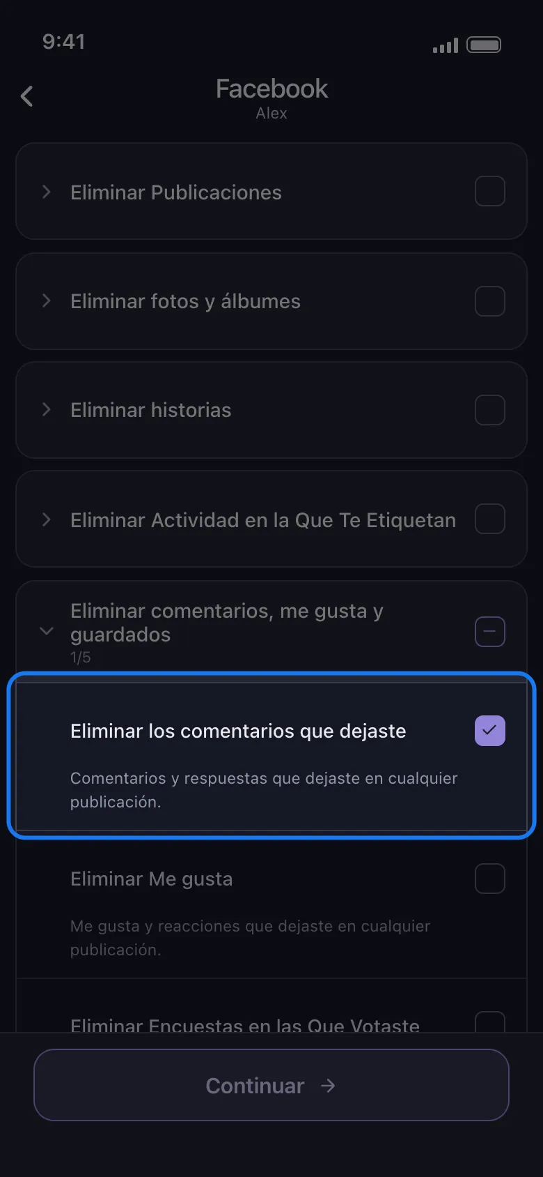 Lista de qué borrar de Facebook en Unpost con el grupo Eliminar comentarios, me gusta y guardados abierto y la fila resaltada Eliminar los comentarios que dejaste marcada, encima del botón Continuar.