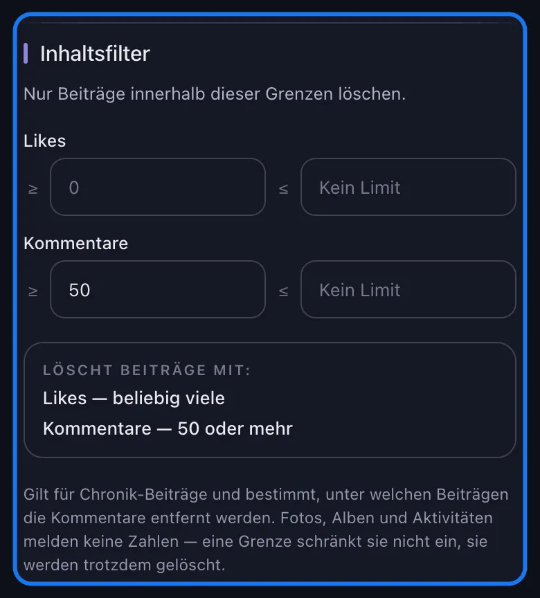 Nahaufnahme des hervorgehobenen Abschnitts Inhaltsfilter auf Facebooks Bildschirm Löschoptionen, mit dem Mindestwert 50 bei Kommentare sowie der Zusammenfassung und dem Hinweis darunter.