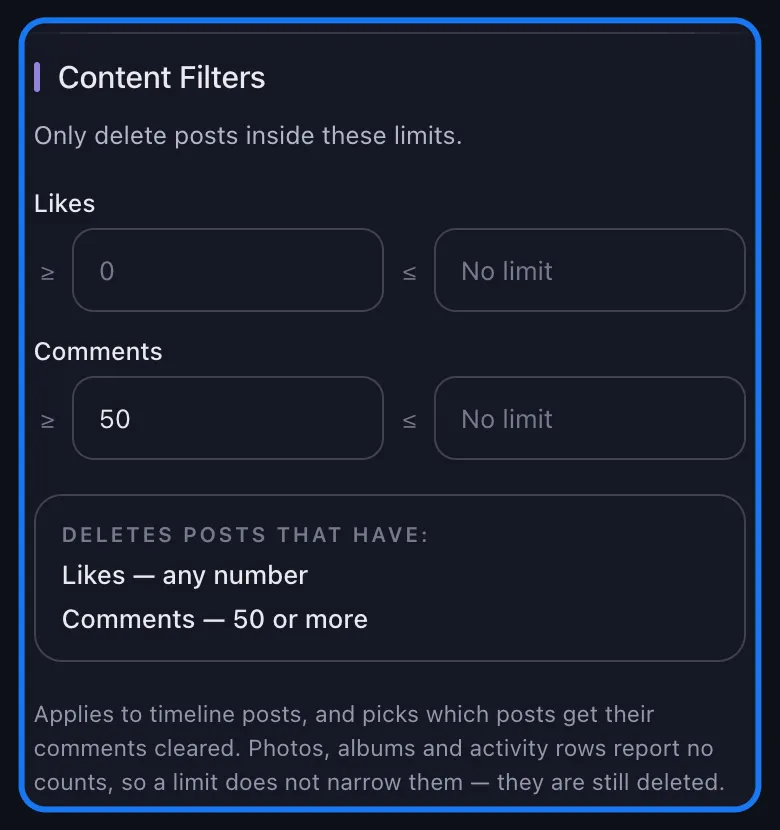 Close-up of the highlighted Content Filters section on Facebook's Delete Options screen, with the Comments minimum set to 50 and the summary line and hint underneath.