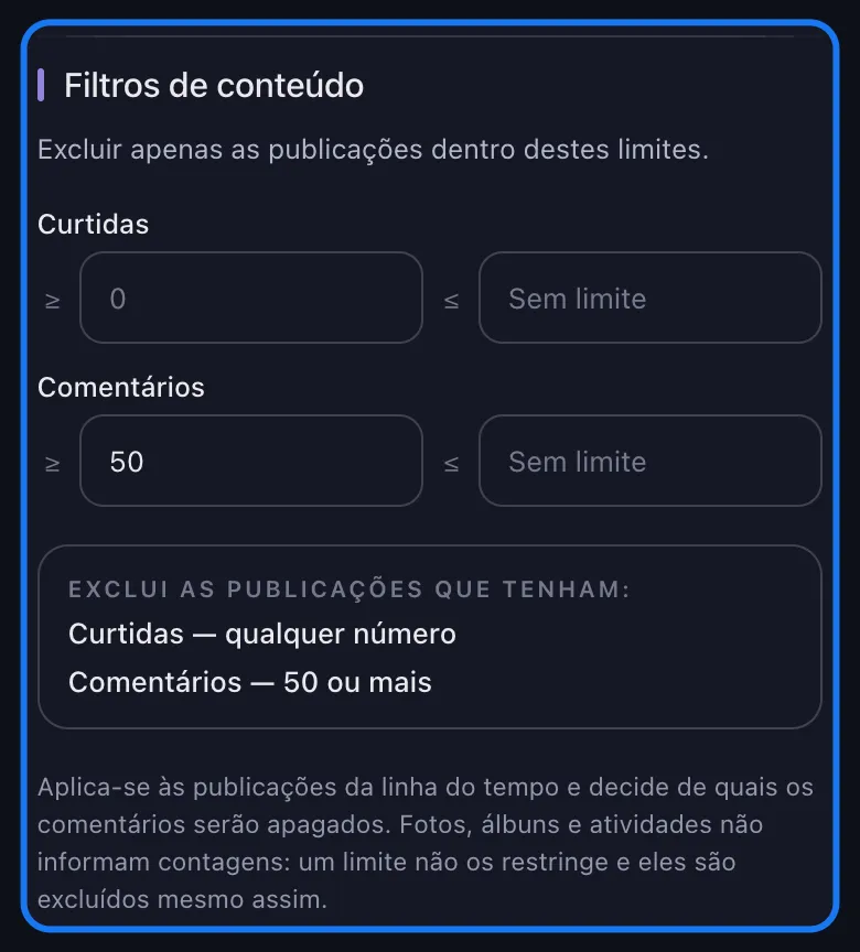 Close-up da seção destacada Filtros de conteúdo na tela Opções de exclusão do Facebook, com o mínimo de Comentários definido em 50 e a linha de resumo e a dica logo abaixo.