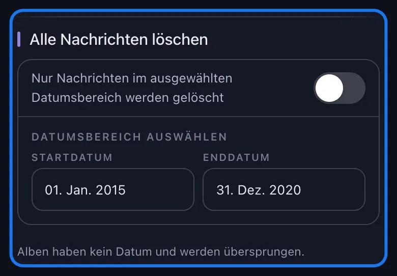 Nahaufnahme des hervorgehobenen Datumsbereichs auf Facebooks Bildschirm Löschoptionen: Der Schalter Alle löschen ist aus, und unter Datumsbereich auswählen sind Startdatum und Enddatum ausgefüllt.
