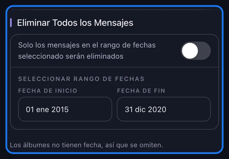 Primer plano de la sección resaltada del rango de fechas en la pantalla Opciones de eliminación de Facebook: el interruptor de eliminar todo está apagado y Seleccionar Rango de Fechas muestra una fecha de inicio y una fecha de fin rellenas.