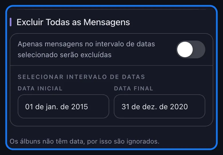 Close-up da seção destacada de intervalo de datas na tela Opções de exclusão do Facebook: a chave de excluir tudo está desligada e Selecionar Intervalo de Datas mostra uma Data Inicial e uma Data Final preenchidas.