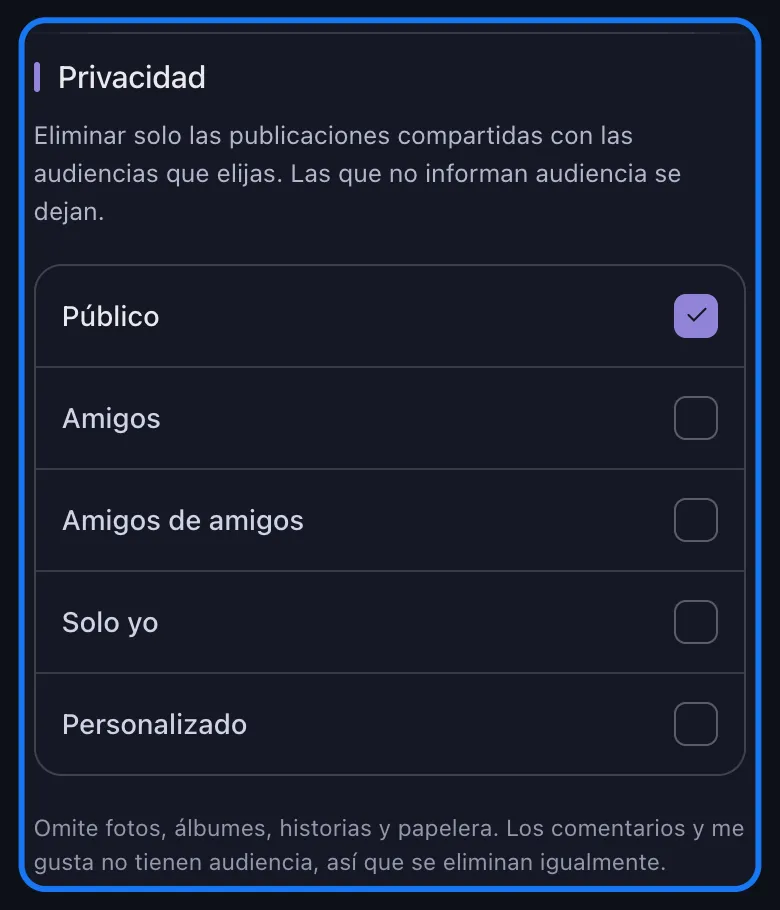 Primer plano de la sección Privacidad de Facebook en Unpost, con Público marcado y Amigos, Amigos de amigos, Solo yo y Personalizado sin marcar, encima de la nota de que el filtro de audiencia omite fotos, álbumes, historias y papelera
