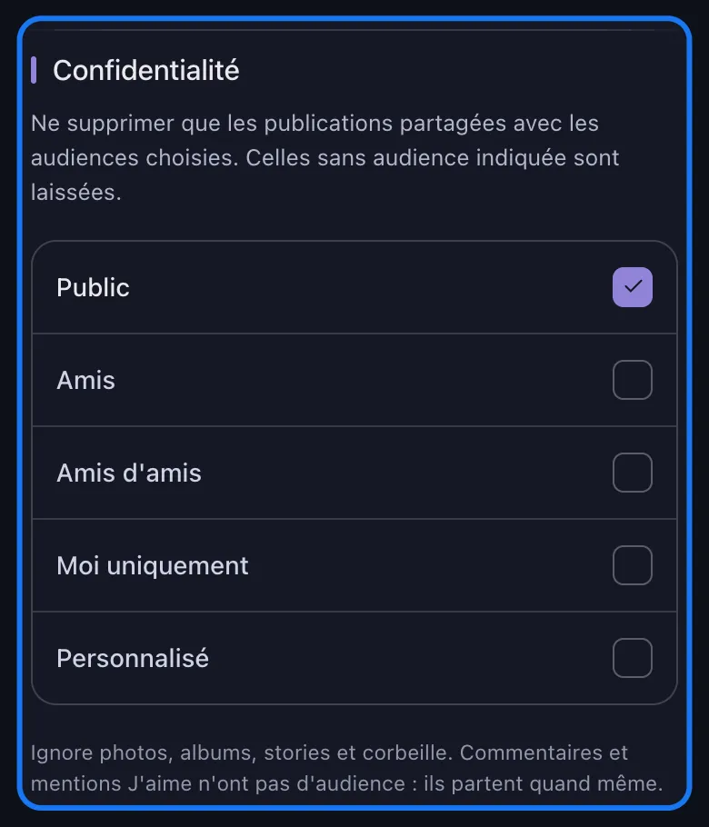 Gros plan sur la section Confidentialité d'Unpost pour Facebook, avec Public coché et Amis, Amis d'amis, Moi uniquement et Personnalisé laissés décochés, au-dessus de la note indiquant que le filtre d'audience ignore les photos, les albums, les stories et la corbeille