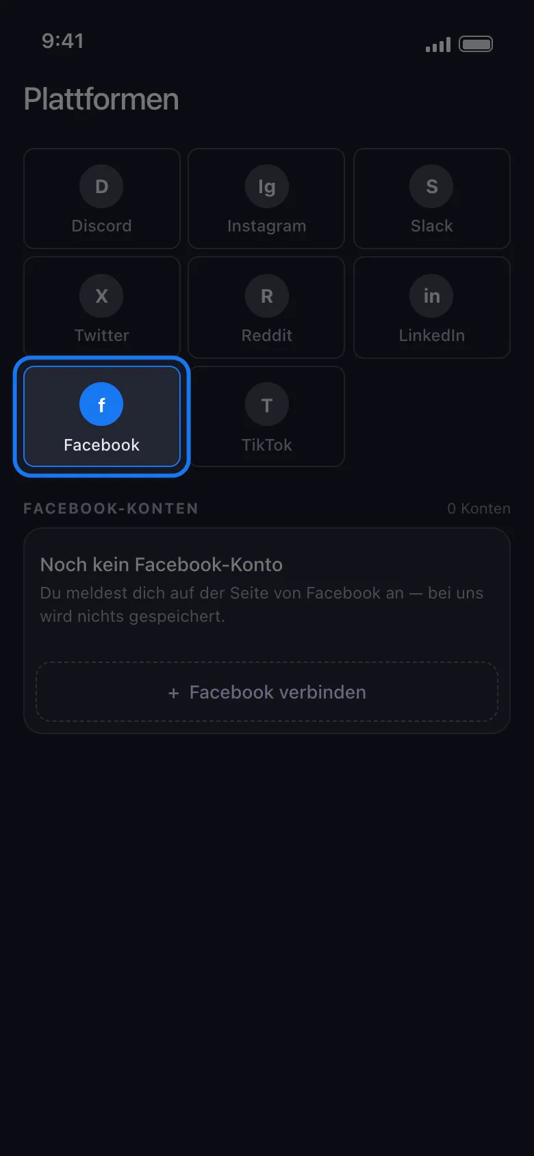 Unpost-Bildschirm Plattformen mit hervorgehobener Facebook-Kachel im Raster der Plattformen, darüber ein Feld mit „Noch kein Facebook-Konto“ und der Schaltfläche „Facebook verbinden“