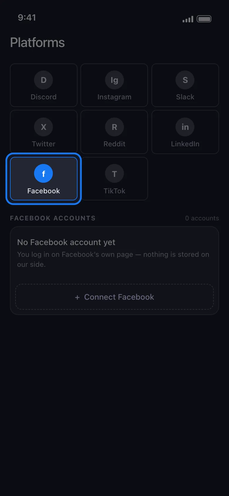Unpost's Platforms screen with the Facebook tile highlighted in the platform grid, above the Facebook accounts panel and its Connect Facebook button