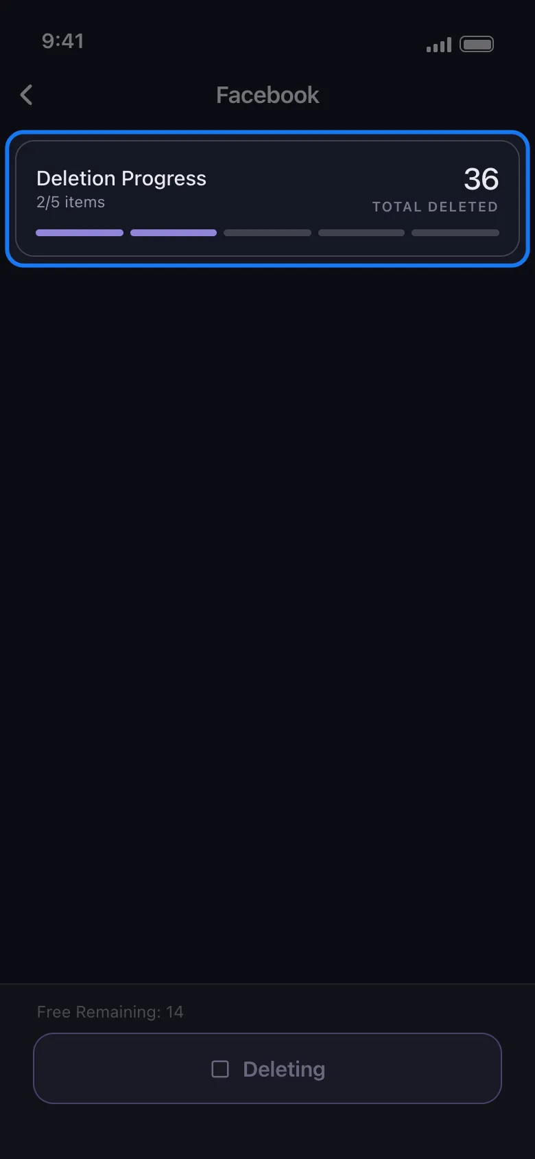 Unpost'un Facebook çalıştırma ekranı; Deletion Progress (silme ilerlemesi) kartı vurgulanmış, toplam içinde biten öğeleri, Total Deleted (toplam silinen) sayacını ve Free Remaining (kalan ücretsiz hak) sayacını Deleting (siliniyor) düğmesinin üzerinde gösteriyor