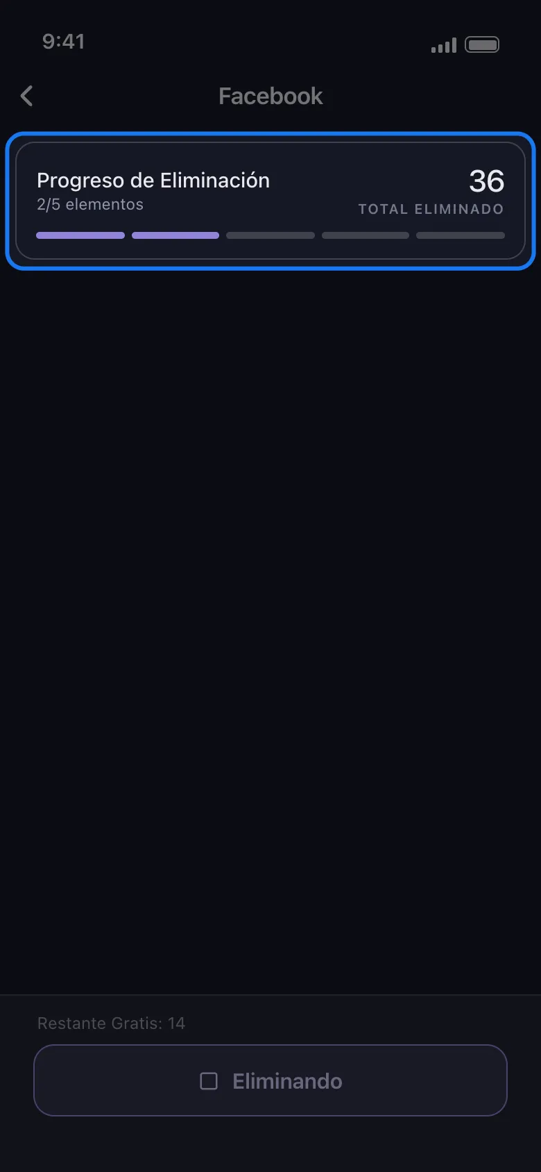 Pantalla de ejecución de Facebook en Unpost con la tarjeta de progreso del borrado resaltada, mostrando los elementos terminados sobre el total, el recuento Total Eliminado y el contador Restante Gratis encima del botón Eliminando