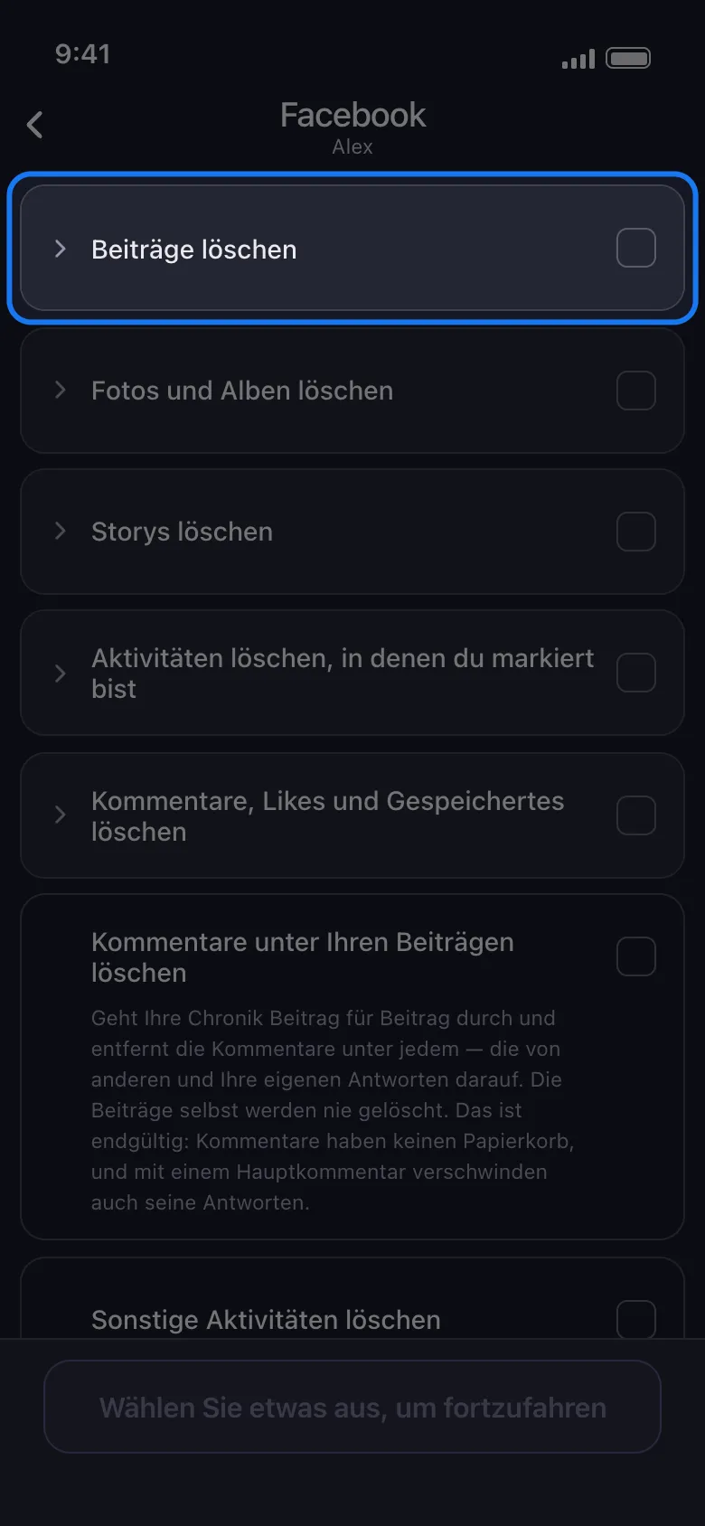 Unposts Auswahlbildschirm für Facebook mit der hervorgehobenen, zugeklappten Gruppe „Beiträge löschen“ über den zugeklappten Gruppen „Fotos und Alben löschen“, „Storys löschen“, „Aktivitäten löschen, in denen du markiert bist“ und „Kommentare, Likes und Gespeichertes löschen“, darunter die einzeln stehende Zeile „Kommentare unter Ihren Beiträgen löschen“ mit ihrer Beschreibung, über einem noch ausgegrauten Button „Weiter“, weil nichts angehakt ist