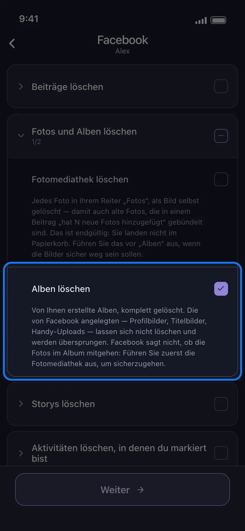 Unposts Facebook-Auswahlliste mit der hervorgehobenen Zeile „Alben löschen“, allein angehakt in der Gruppe „Fotos und Alben löschen“, ohne Auswahl einzelner Alben darunter