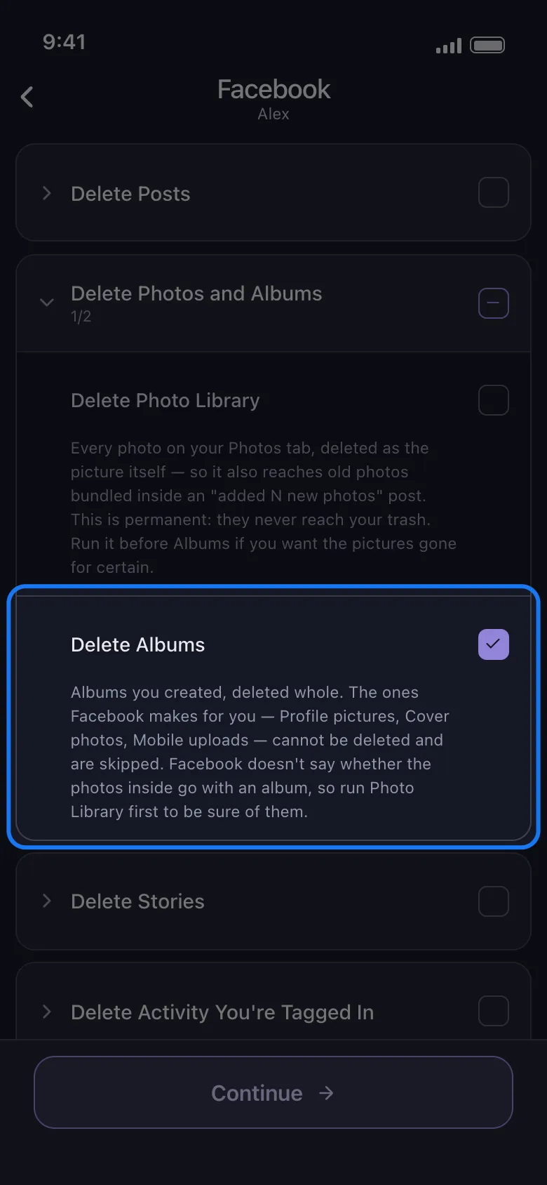 Unpost's Facebook what-to-delete list with the Delete Albums row highlighted and ticked on its own inside the Delete Photos and Albums group, with no per-album picker under it